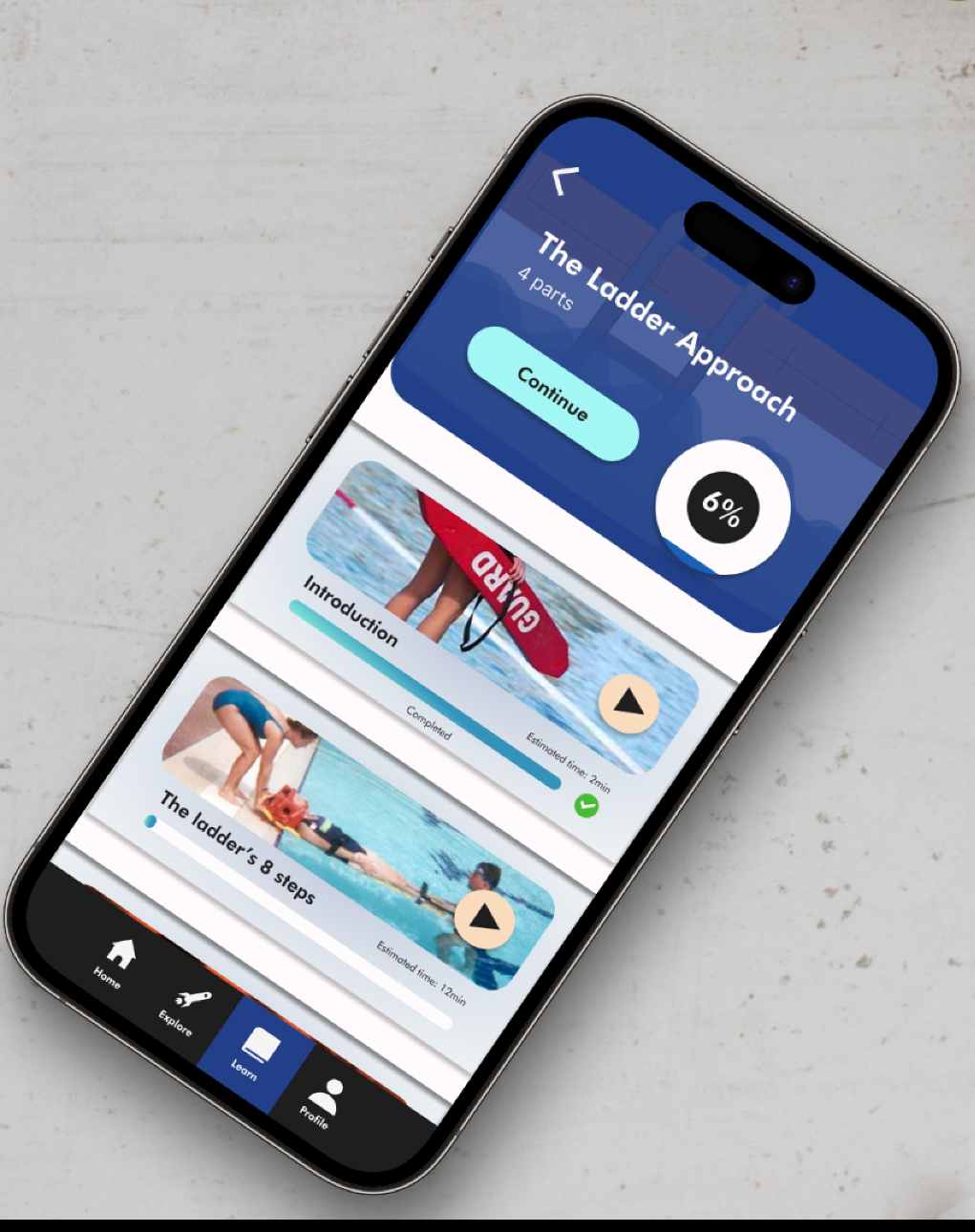 Azul lifeguard lesson and progress experience shown on a mobile phone