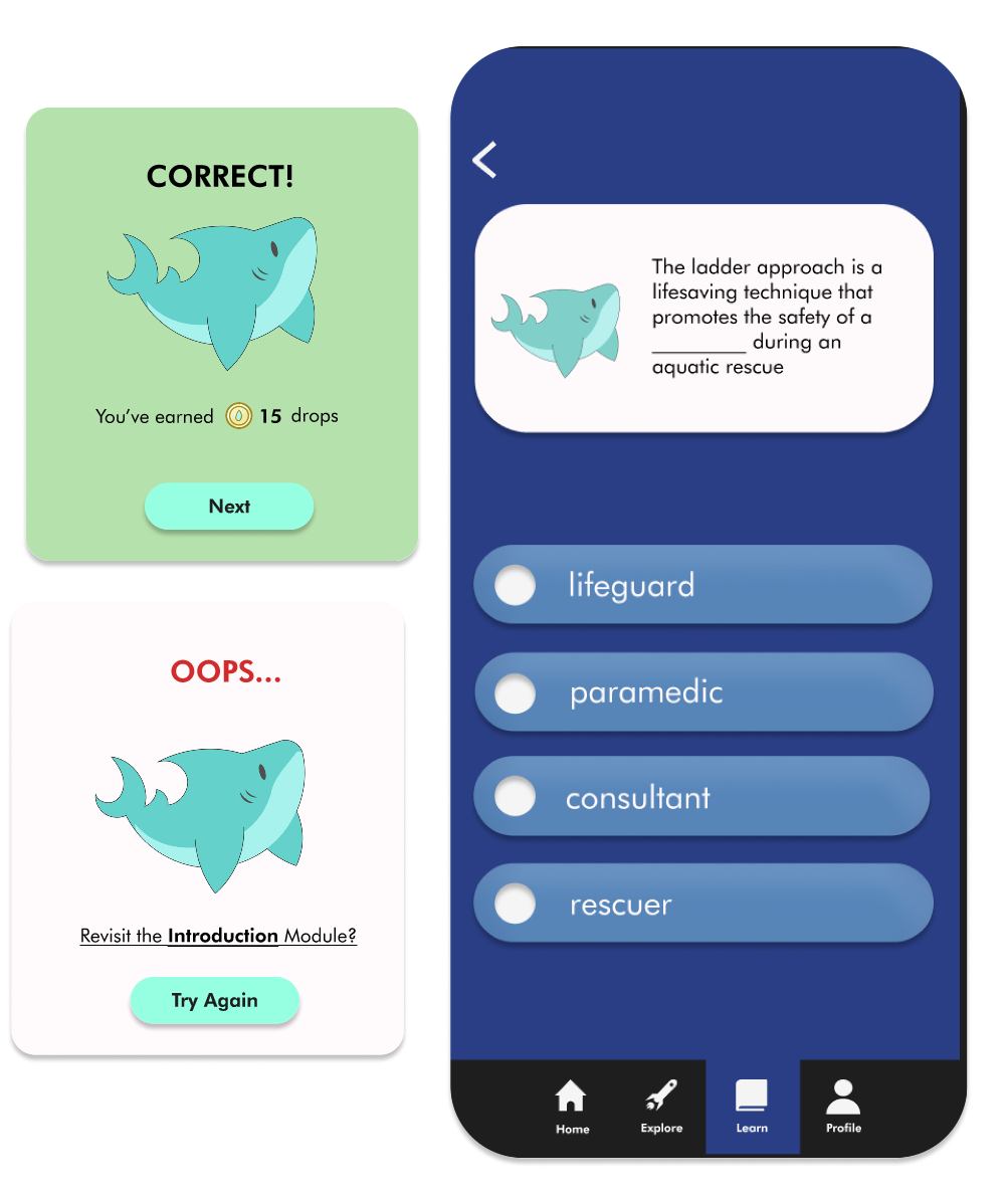 Azul quiz screen with correct and incorrect answer feedback
