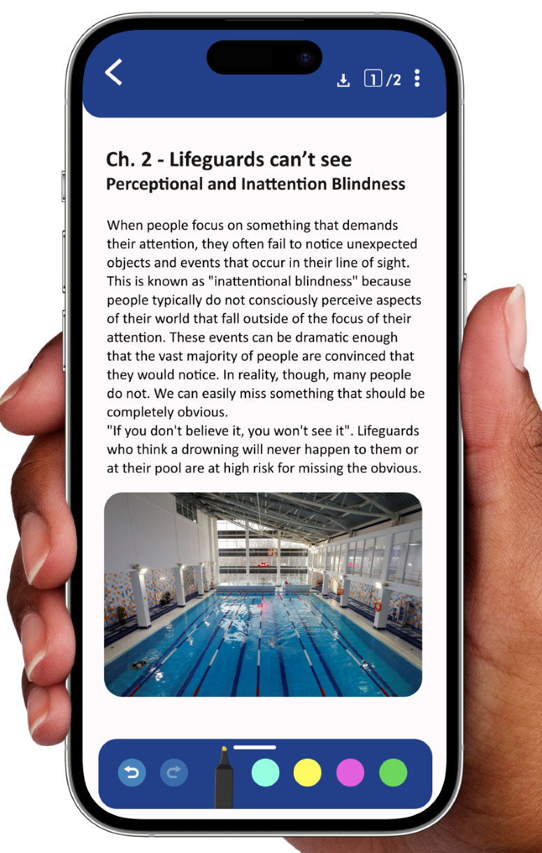 Azul mobile lesson showing lifeguard training content and annotation tools