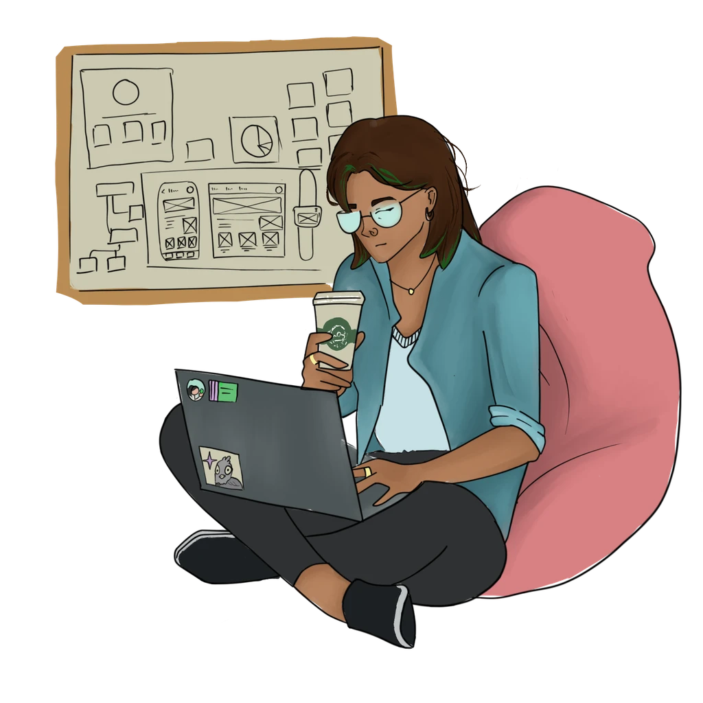Illustration of Deeba designing beside a collaborative planning board