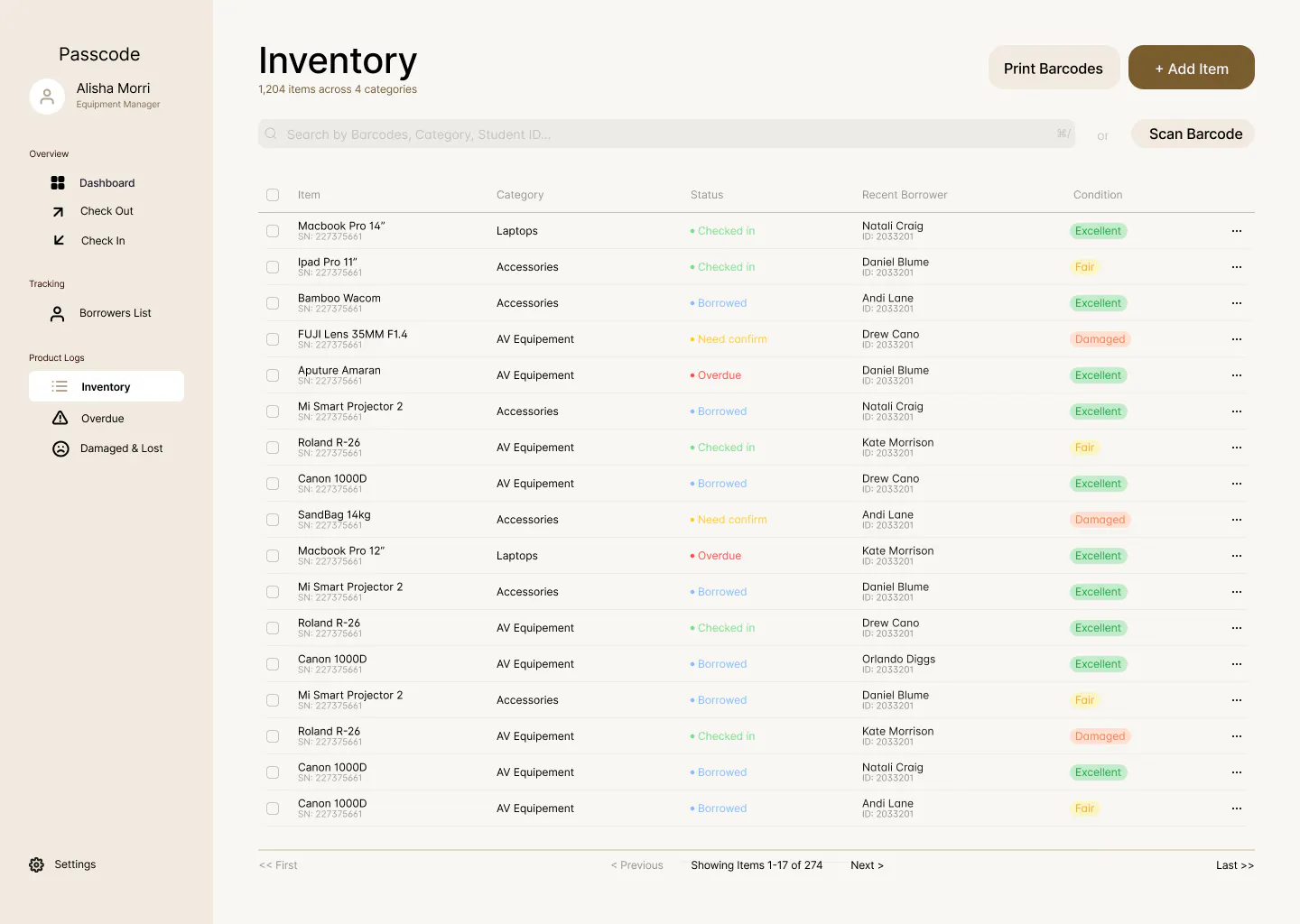 Passcode equipment inventory management interface