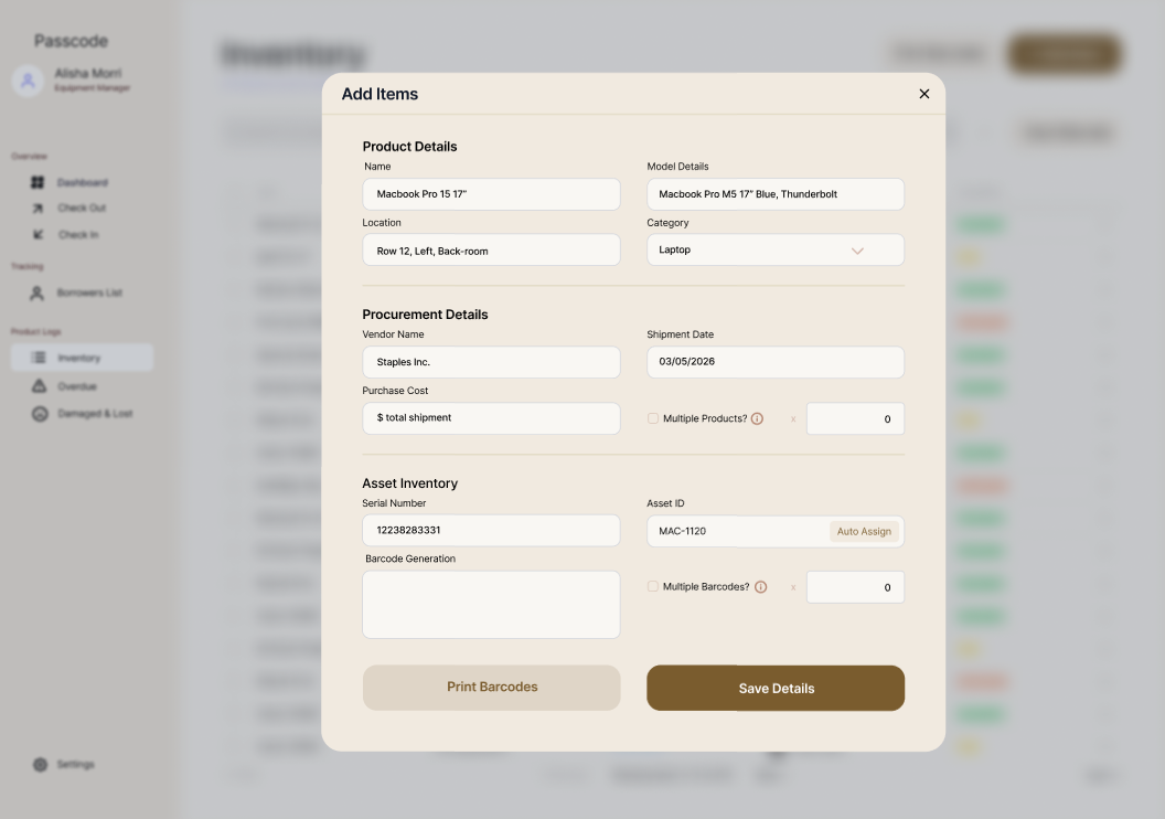 Passcode add-item form with product, procurement and asset inventory details