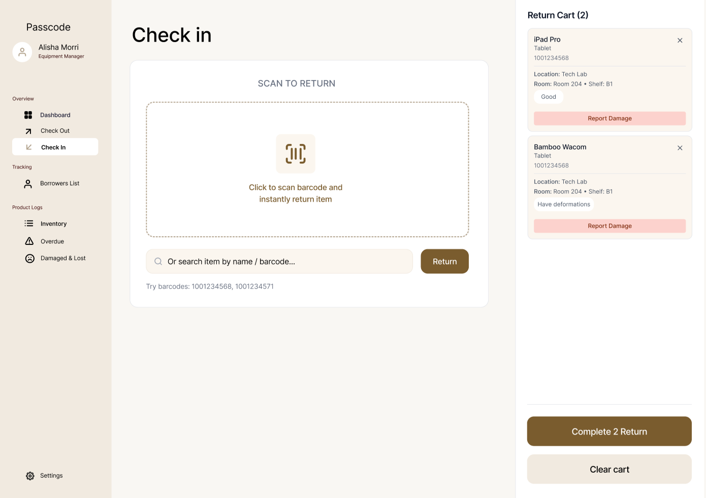 Passcode barcode-based equipment check-in interface with a return cart