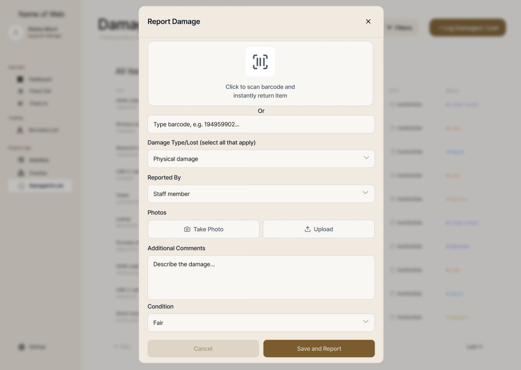 Passcode damage-reporting form with barcode, condition, photos and comments