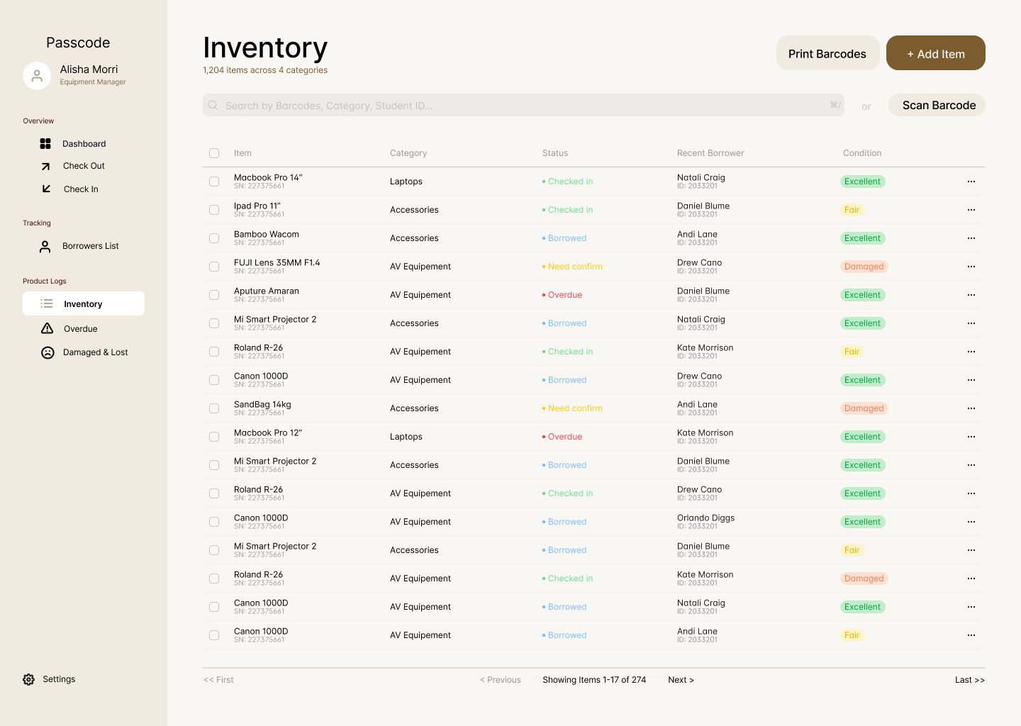 Passcode inventory dashboard for tracking shared equipment