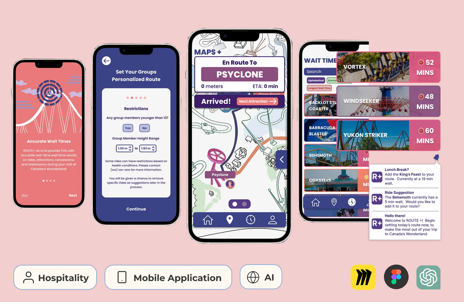 Route+ wayfinding app shown across several mobile screens