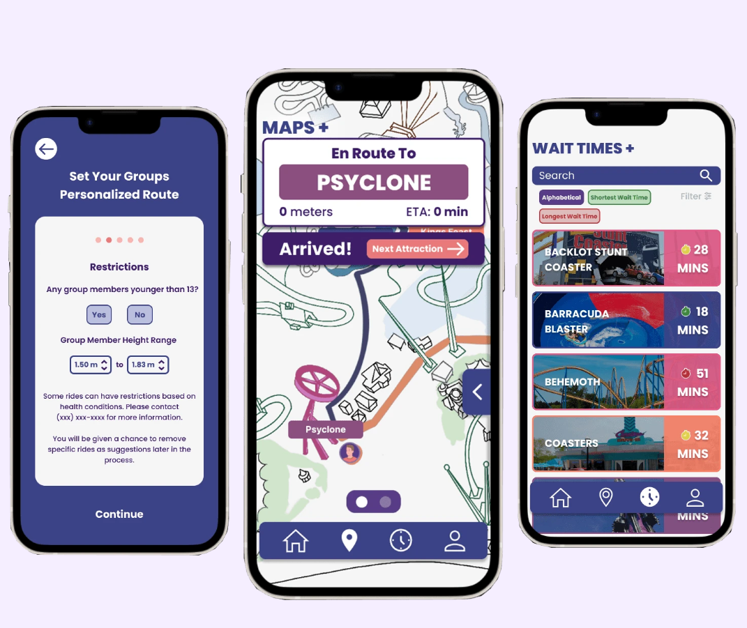 Three Route+ mobile screens for restrictions, navigation and current ride waits