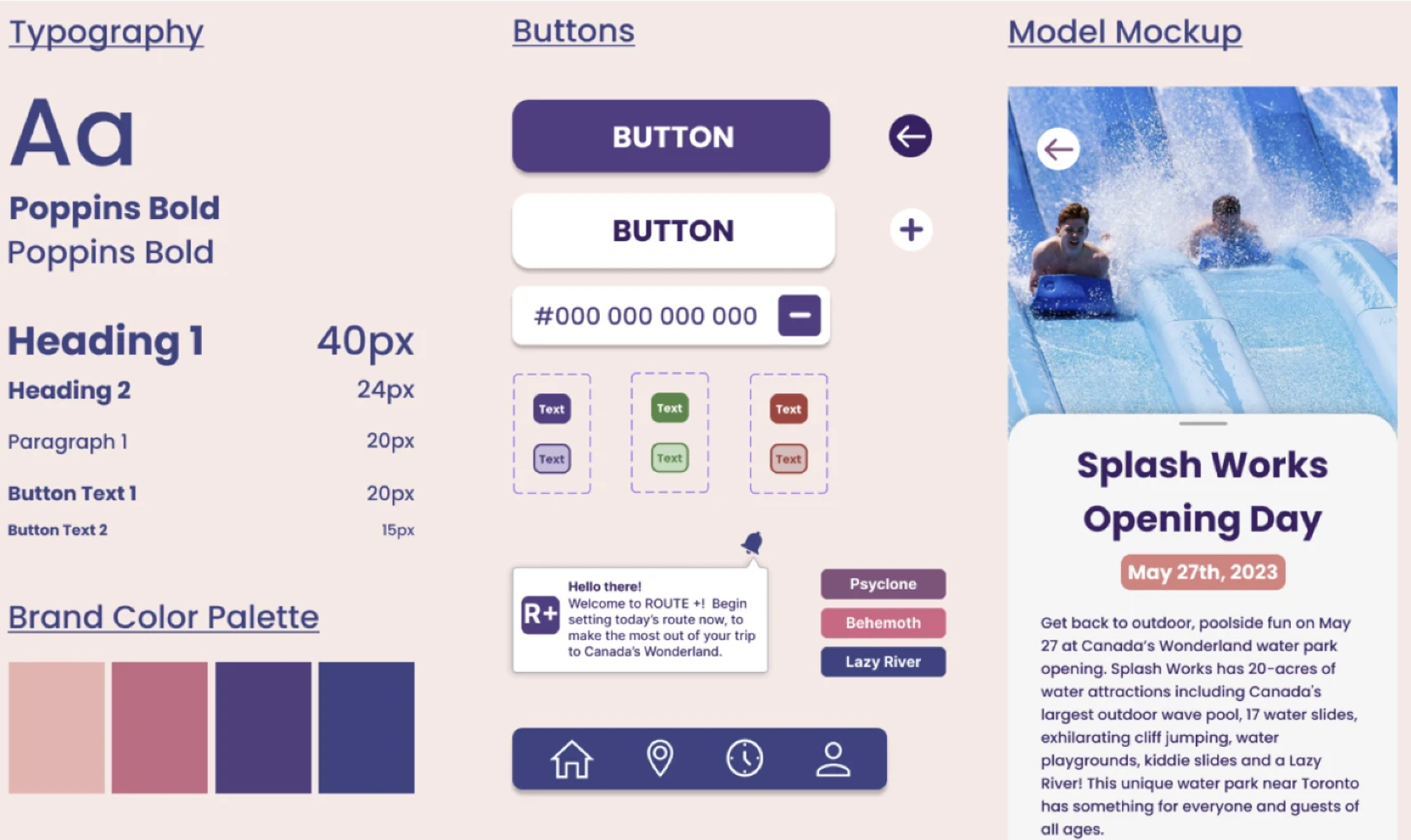 Route+ user interface kit with typography, buttons, colours and modal patterns