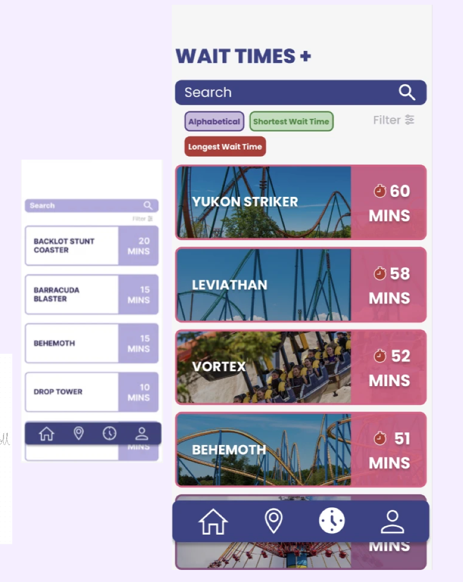 Route+ wait-time interface evolving from wireframe to high fidelity