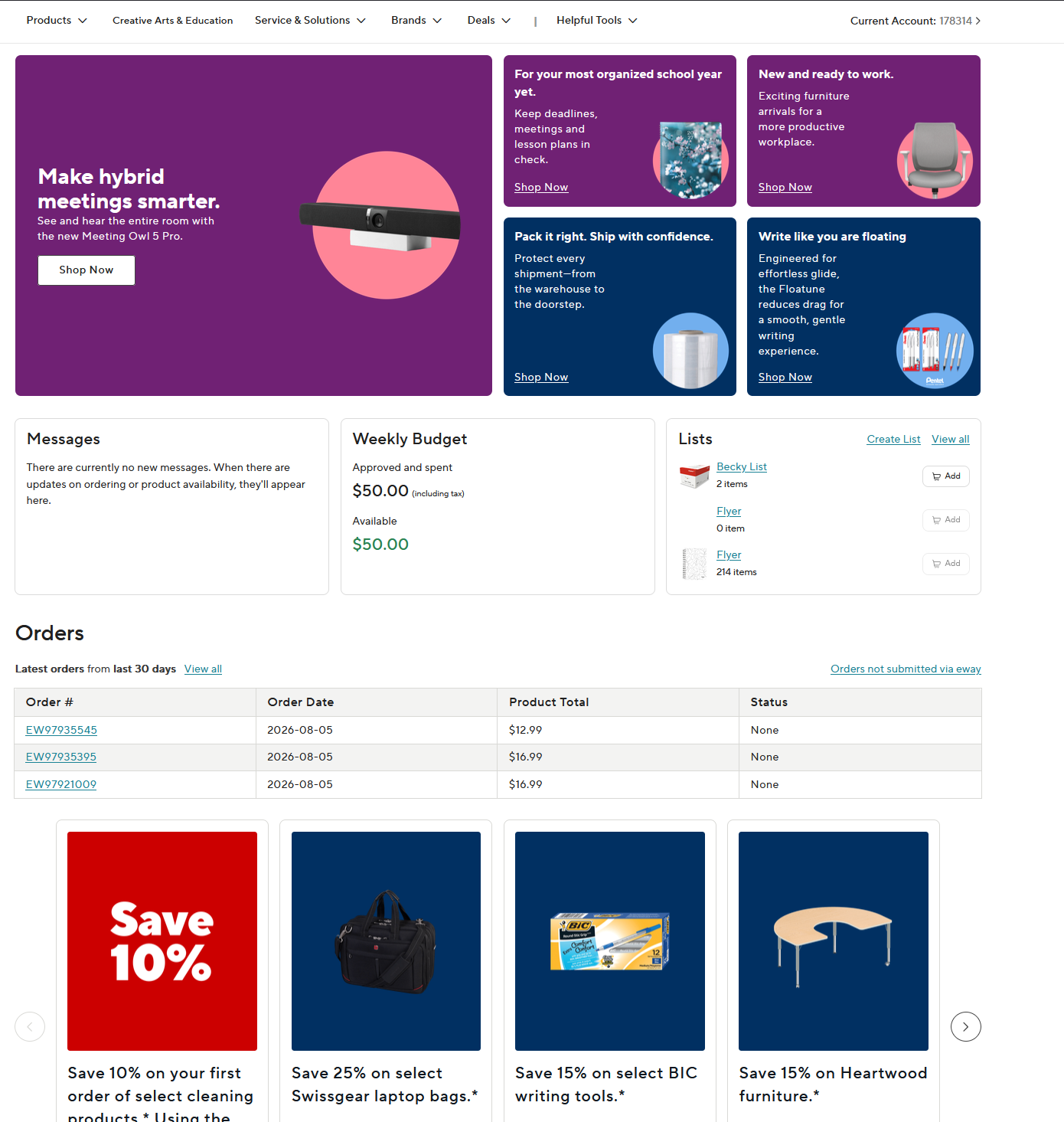 Post-login Eway homepage showing account-specific promotions, lists, budget, orders, and recommendations