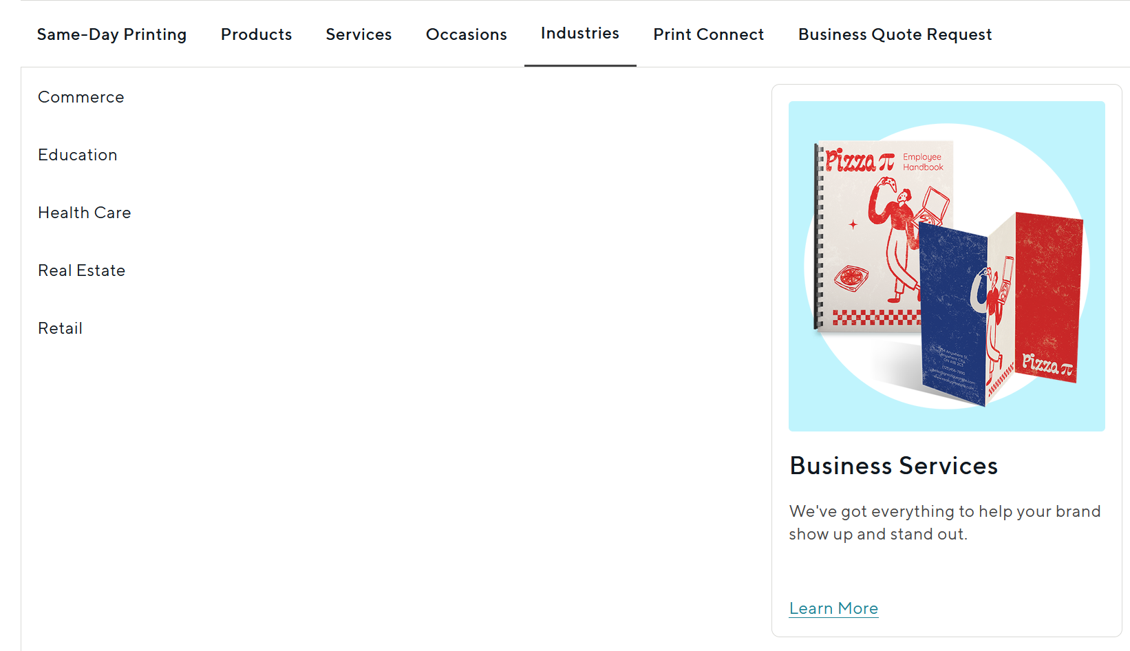 Industries navigation highlighting business services