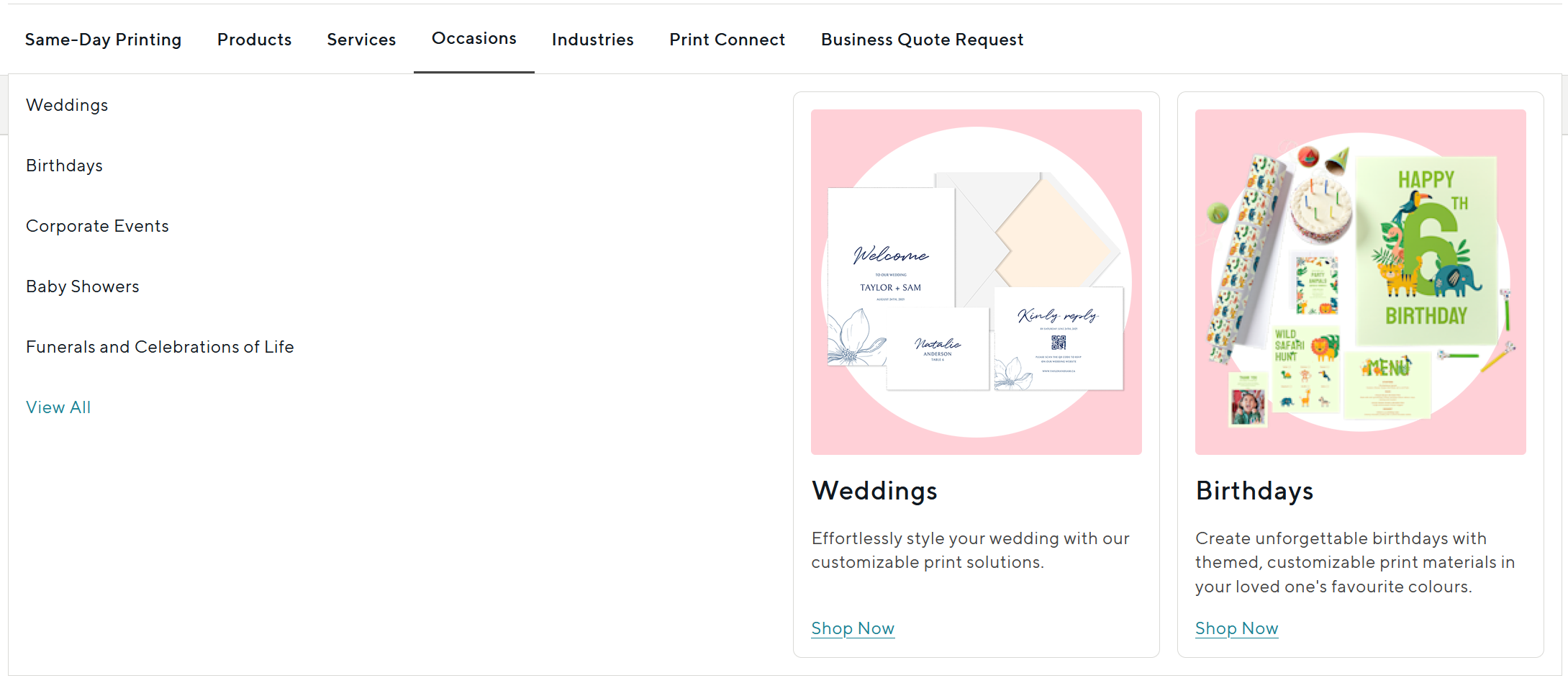 Occasions navigation showing wedding and birthday print products
