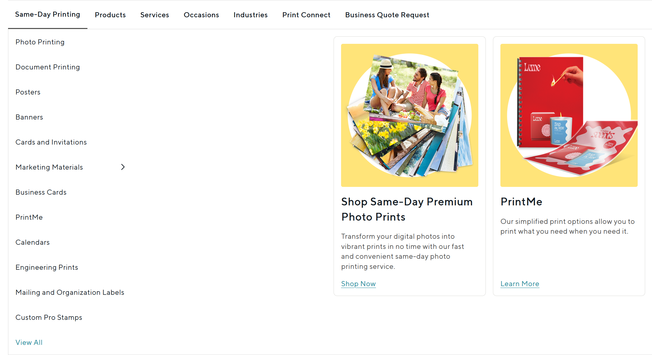 Same-Day Printing menu with premium photo-print and PrintMe products